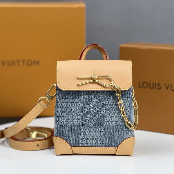 LV 25S NANO STEAMER 18 IN BLUE COTTON DENIM CALFSKIN TRIM GOLD HARDWARE