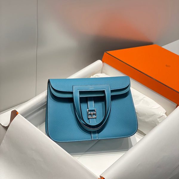 HALZAN 25 HANDLE BAG IN FOUNTAIN BLUE GRAINED CALFSKIN