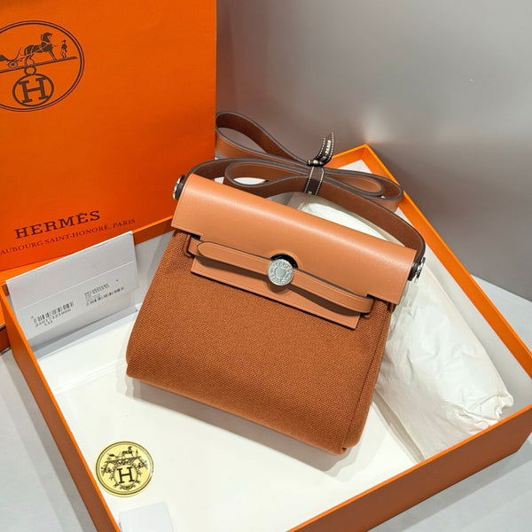 HERMES 25S MINI HERBAG 20 IN COPPER BROWN CANVAS SILVER HARDWARE