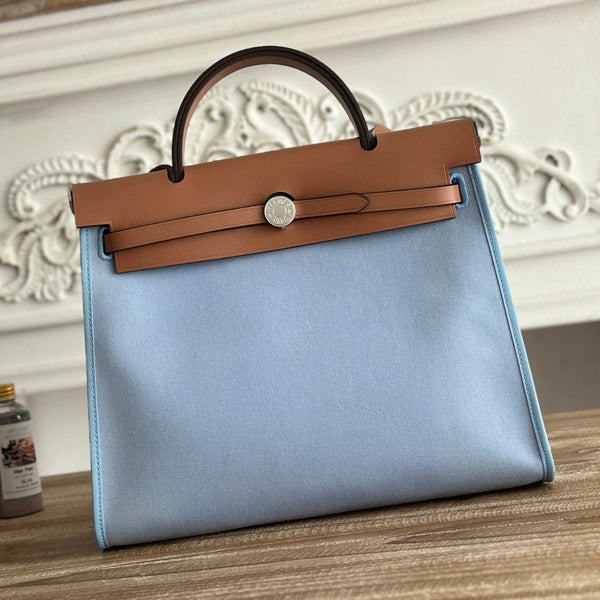 ZIP CABINE 31 BAG IN LIGHT BLUE CANVAS AND BRONZE BROWN CALFSKIN