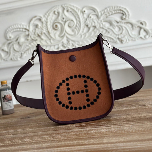 MINI NEO 17 EVELYNE BAG IN BRONZE BROWN CANVAS AND PLUM PURPLE CALFSKIN
