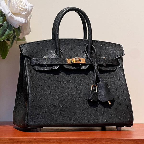 KELLY SELLIER 25 BAG IN BLACK OSTRICH LEATHER WITH GOLD HARDWARE (MADE-TO-ODER)
